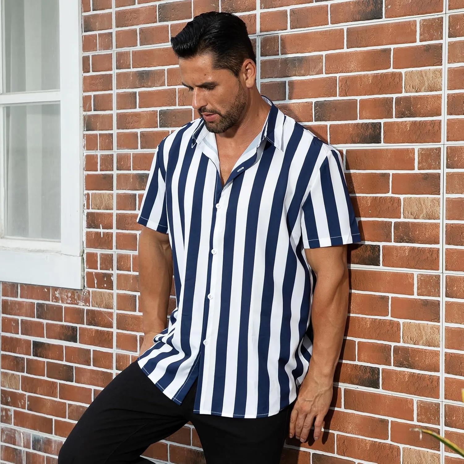 ABAFIP Men's Casual Striped Button Down Short Sleeve Shirt Summer Beach Hawaiian Button up Dress Shirts