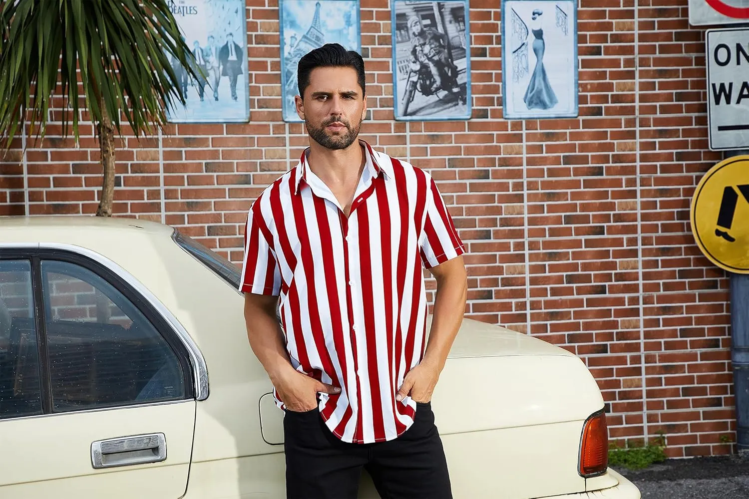 ABAFIP Men's Casual Striped Button Down Short Sleeve Shirt Summer Beach Hawaiian Button up Dress Shirts