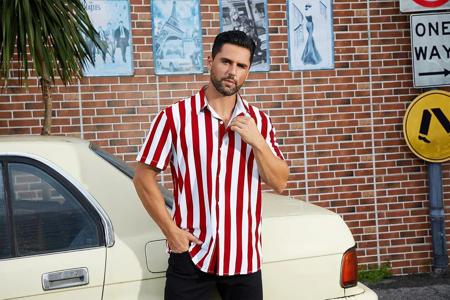 ABAFIP Men's Casual Striped Button Down Short Sleeve Shirt Summer Beach Hawaiian Button up Dress Shirts