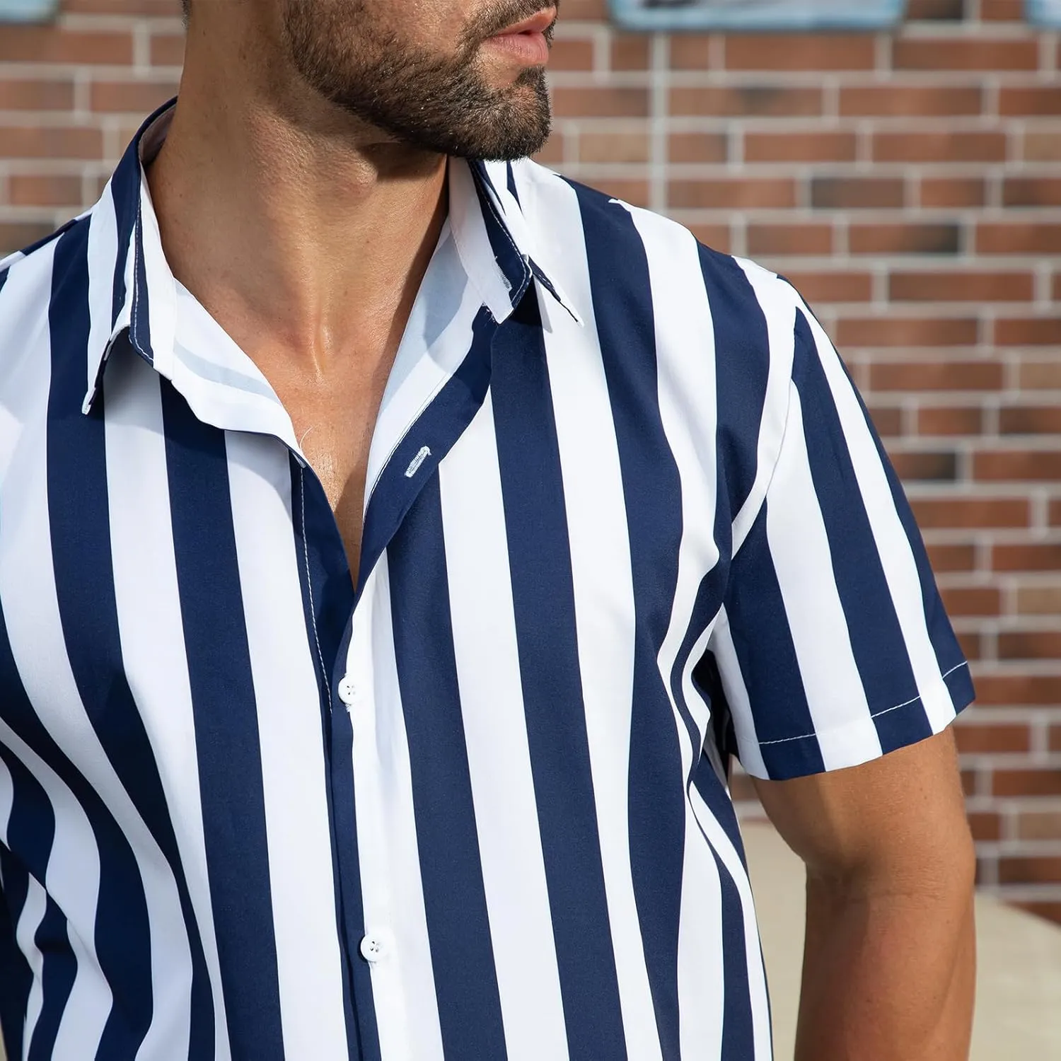 ABAFIP Men's Casual Striped Button Down Short Sleeve Shirt Summer Beach Hawaiian Button up Dress Shirts