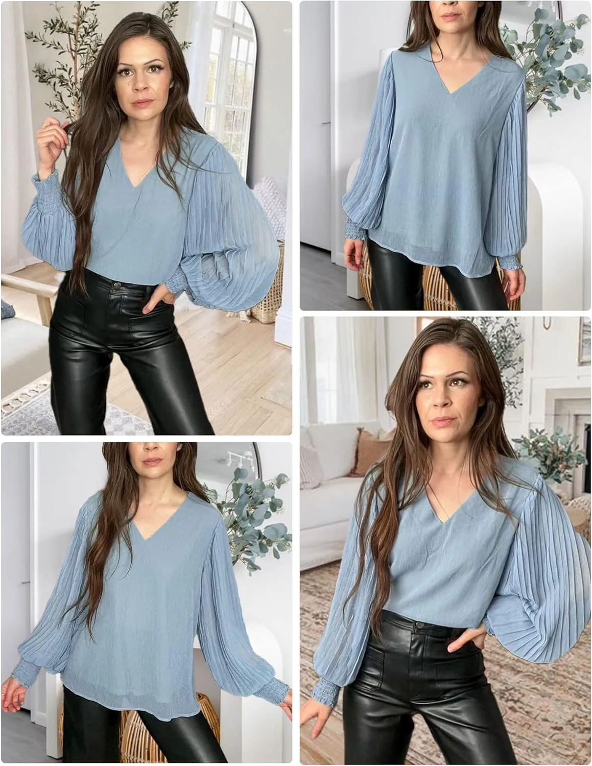 Aifer Womens V Neck Chiffon Blouses Pleated Lantern Sleeve Flowy Dressy Tops Elegant Business Casual Outfits