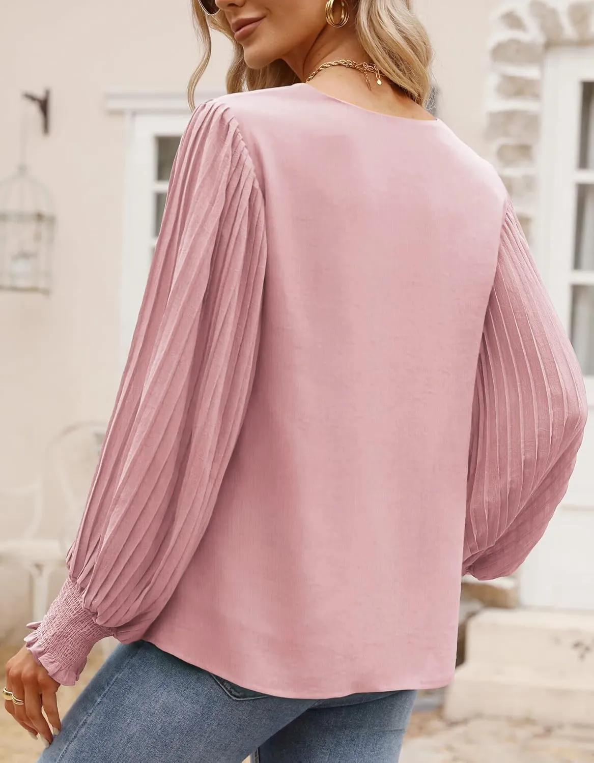 Aifer Womens V Neck Chiffon Blouses Pleated Lantern Sleeve Flowy Dressy Tops Elegant Business Casual Outfits
