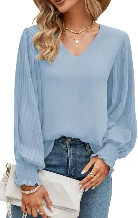 Aifer Womens V Neck Chiffon Blouses Pleated Lantern Sleeve Flowy Dressy Tops Elegant Business Casual Outfits