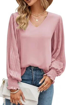 Aifer Womens V Neck Chiffon Blouses Pleated Lantern Sleeve Flowy Dressy Tops Elegant Business Casual Outfits