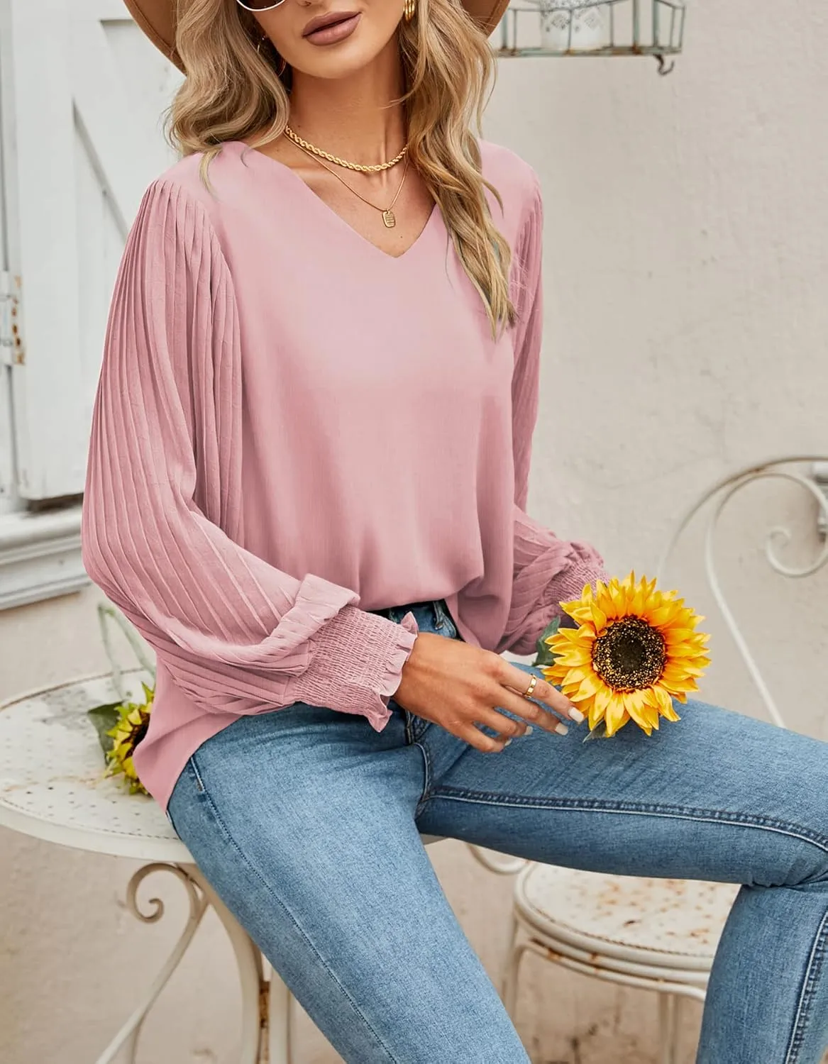 Aifer Womens V Neck Chiffon Blouses Pleated Lantern Sleeve Flowy Dressy Tops Elegant Business Casual Outfits