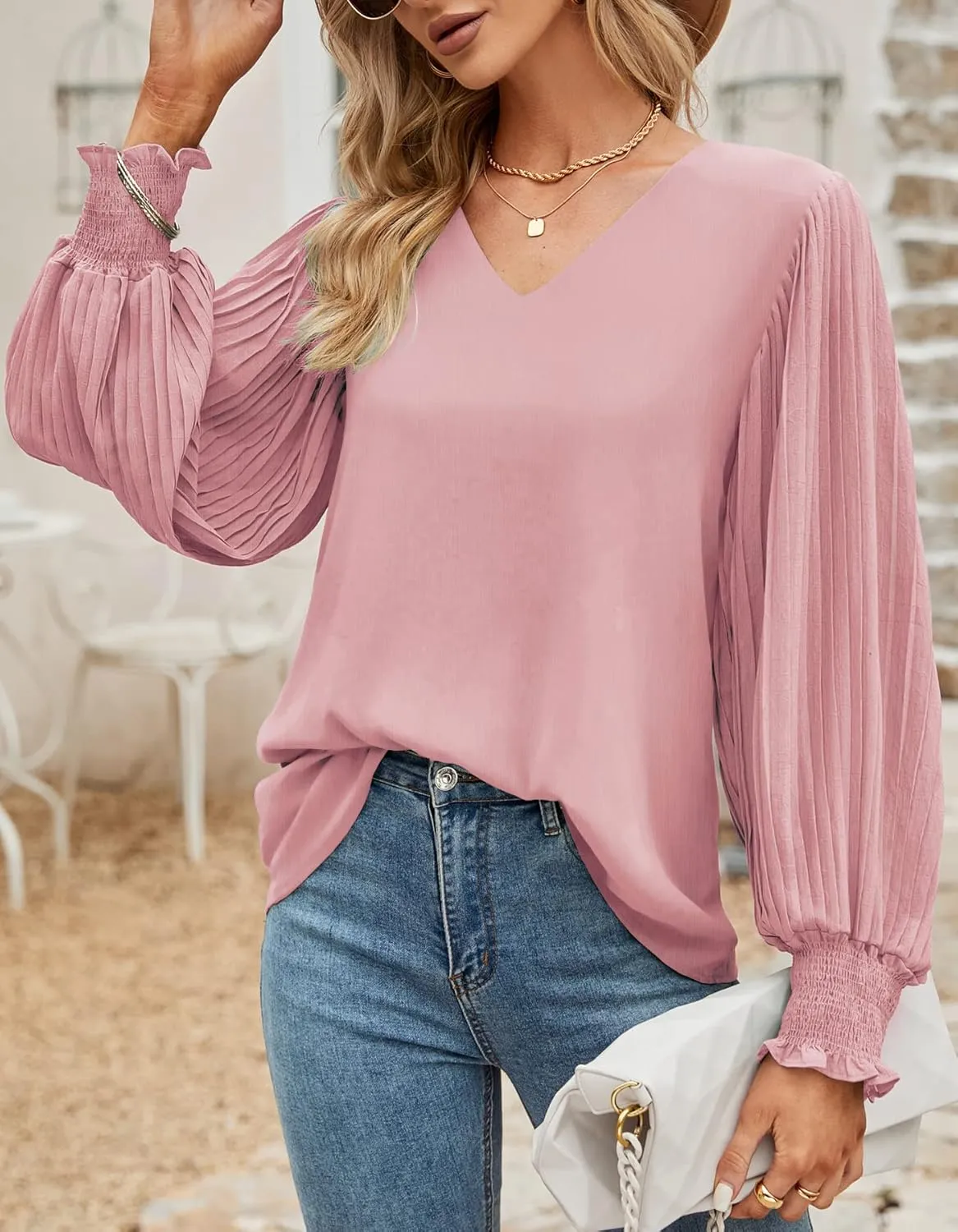 Aifer Womens V Neck Chiffon Blouses Pleated Lantern Sleeve Flowy Dressy Tops Elegant Business Casual Outfits