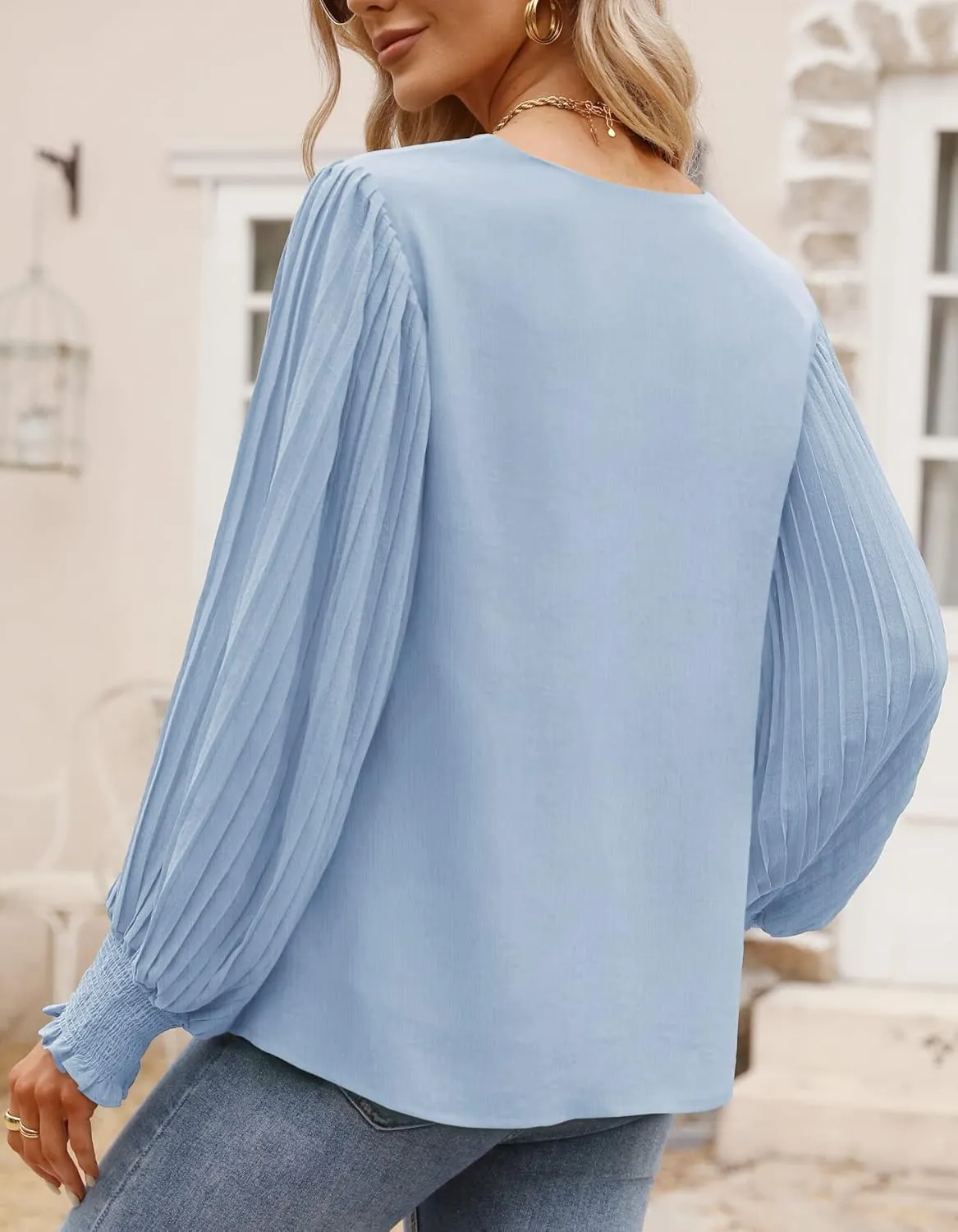 Aifer Womens V Neck Chiffon Blouses Pleated Lantern Sleeve Flowy Dressy Tops Elegant Business Casual Outfits
