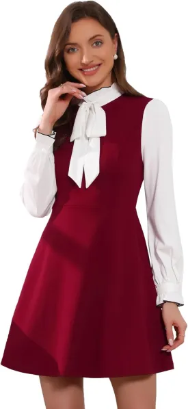 Allegra K Tie Neck Dresses for Women's 1960s Vintage Long Sleeve Contrast Color Dress