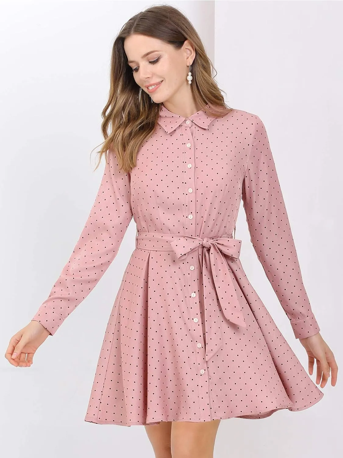 Allegra K Women's Button Down Long Sleeve Tie Waist Polka Dots Belted Shirt Dress