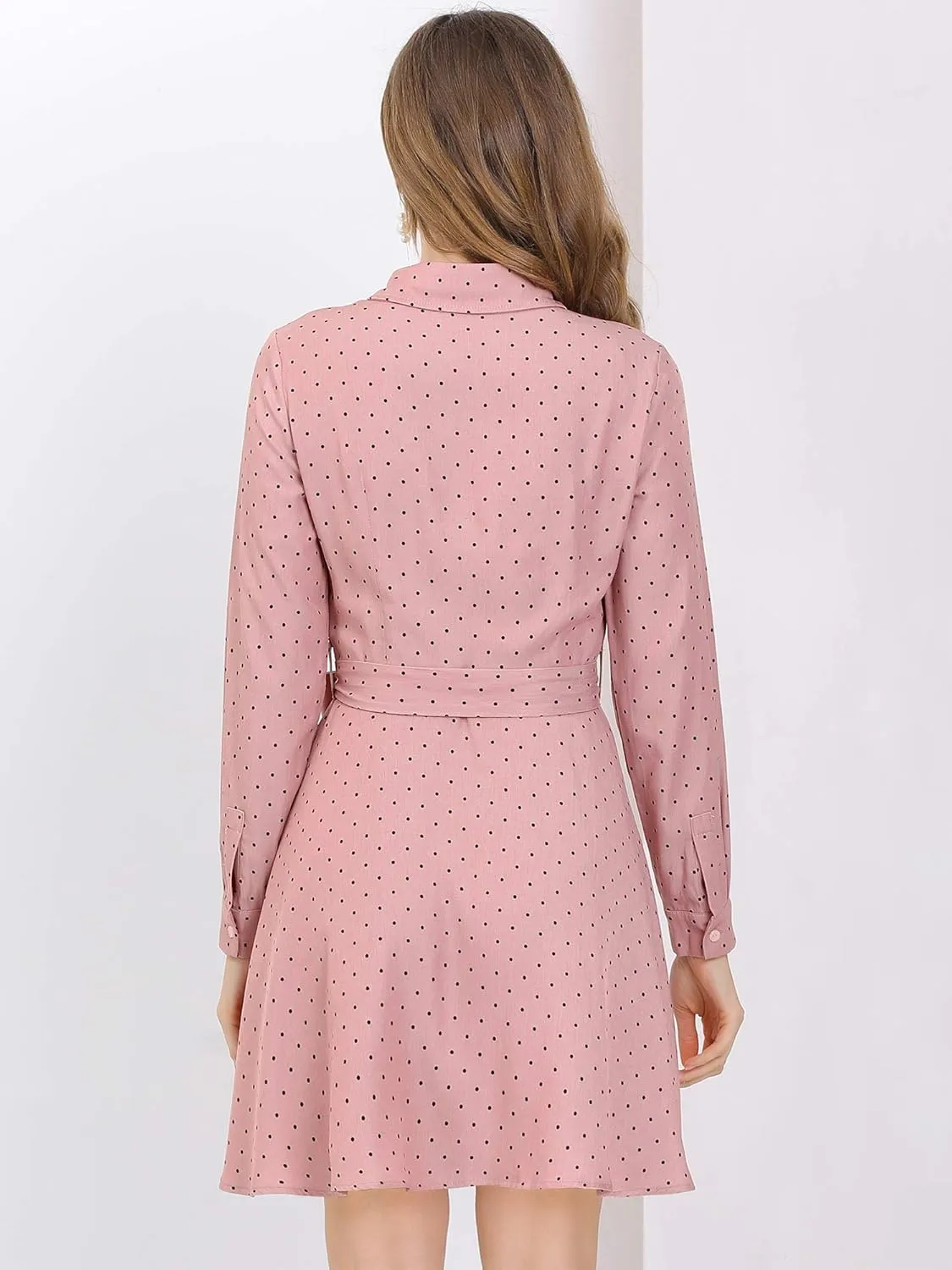 Allegra K Women's Button Down Long Sleeve Tie Waist Polka Dots Belted Shirt Dress