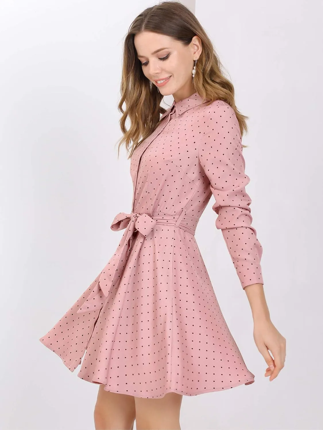 Allegra K Women's Button Down Long Sleeve Tie Waist Polka Dots Belted Shirt Dress