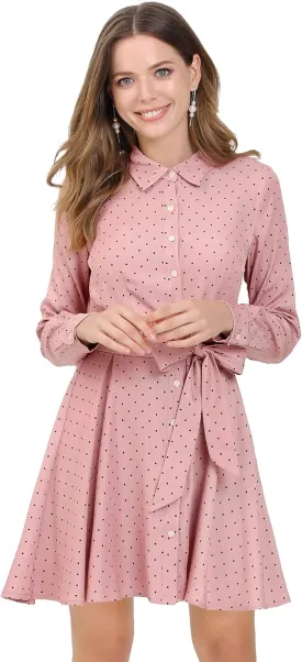 Allegra K Women's Button Down Long Sleeve Tie Waist Polka Dots Belted Shirt Dress