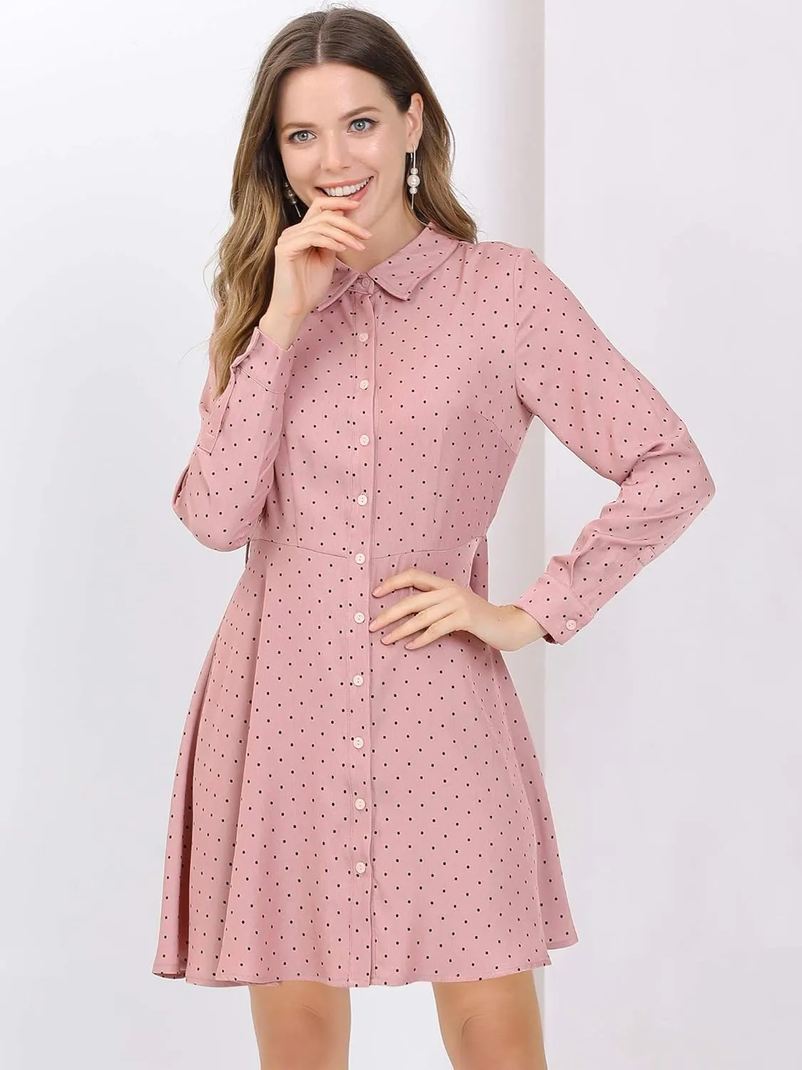 Allegra K Women's Button Down Long Sleeve Tie Waist Polka Dots Belted Shirt Dress