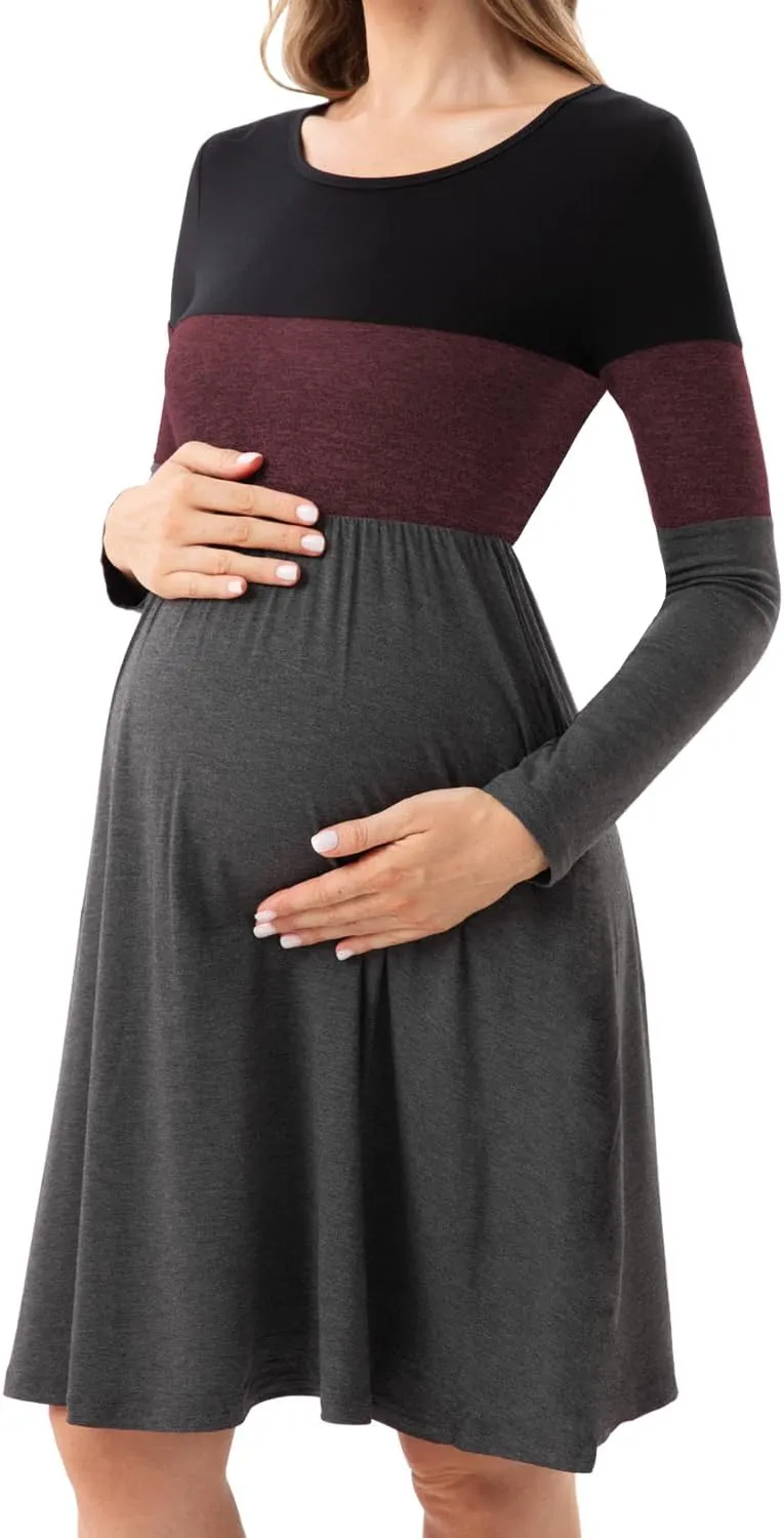 Bearsland Womens Long Sleeve Maternity Dresses Patchwork Pregnancy Dress with Pocket