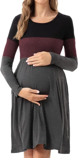 Bearsland Womens Long Sleeve Maternity Dresses Patchwork Pregnancy Dress with Pocket