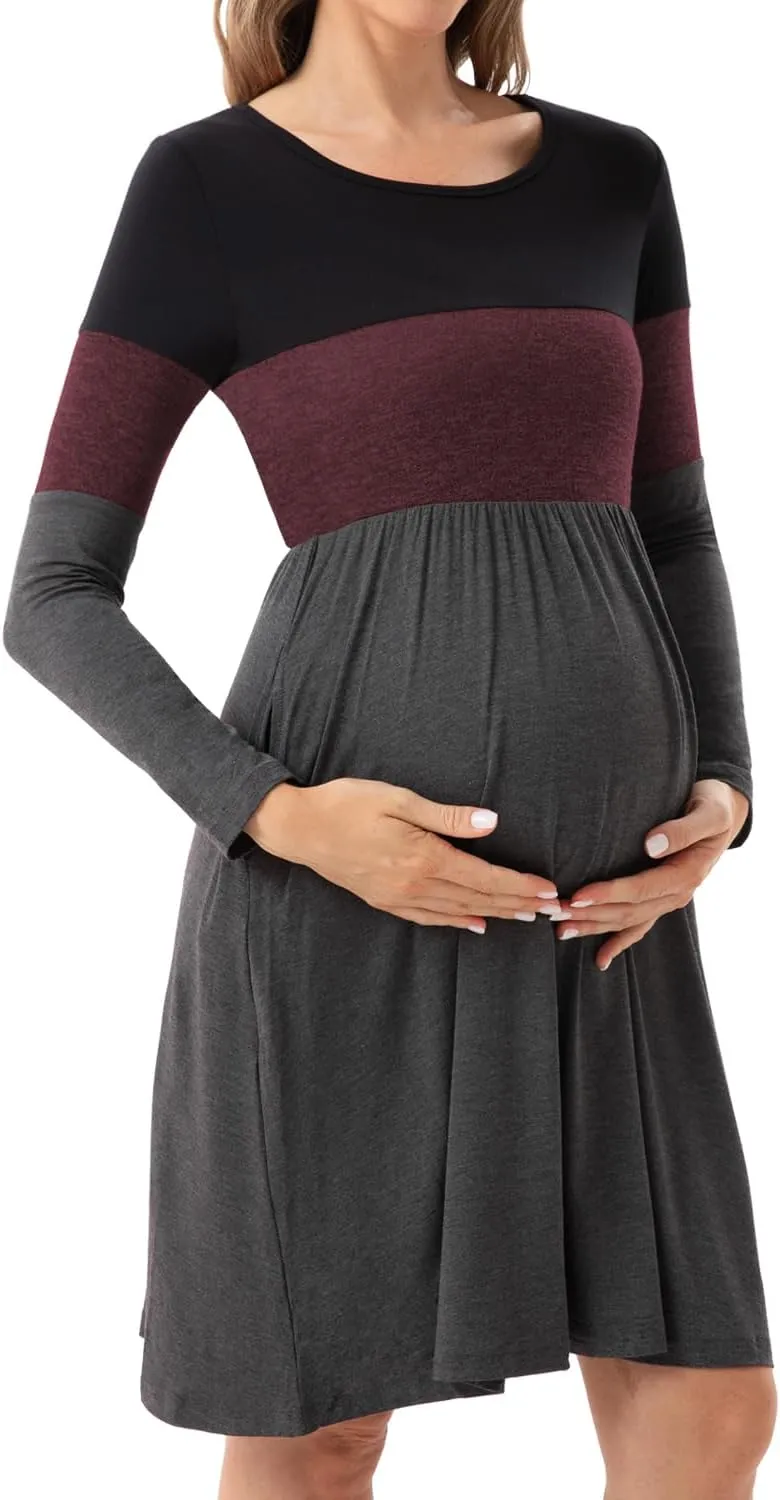 Bearsland Womens Long Sleeve Maternity Dresses Patchwork Pregnancy Dress with Pocket