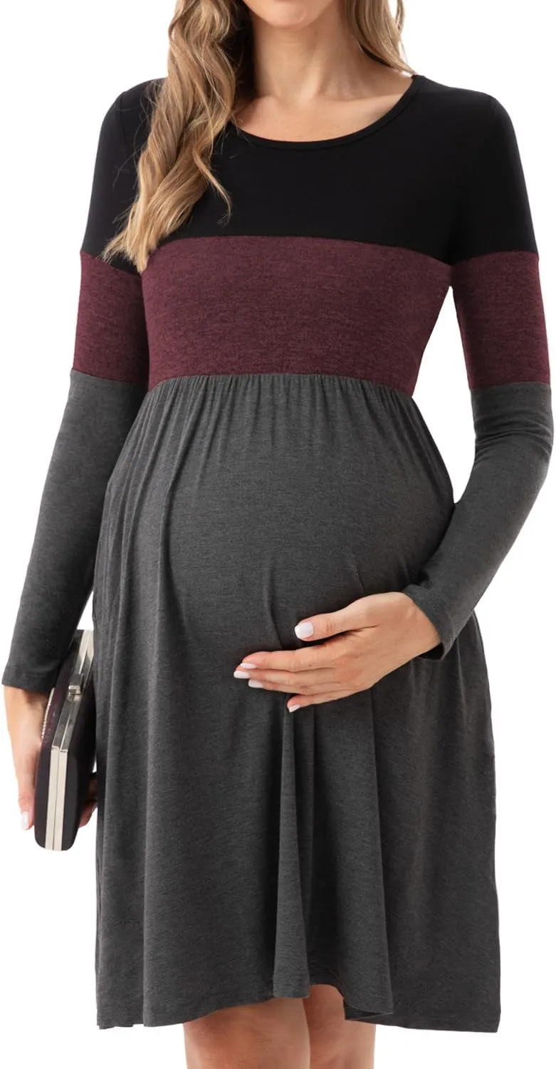 Bearsland Womens Long Sleeve Maternity Dresses Patchwork Pregnancy Dress with Pocket
