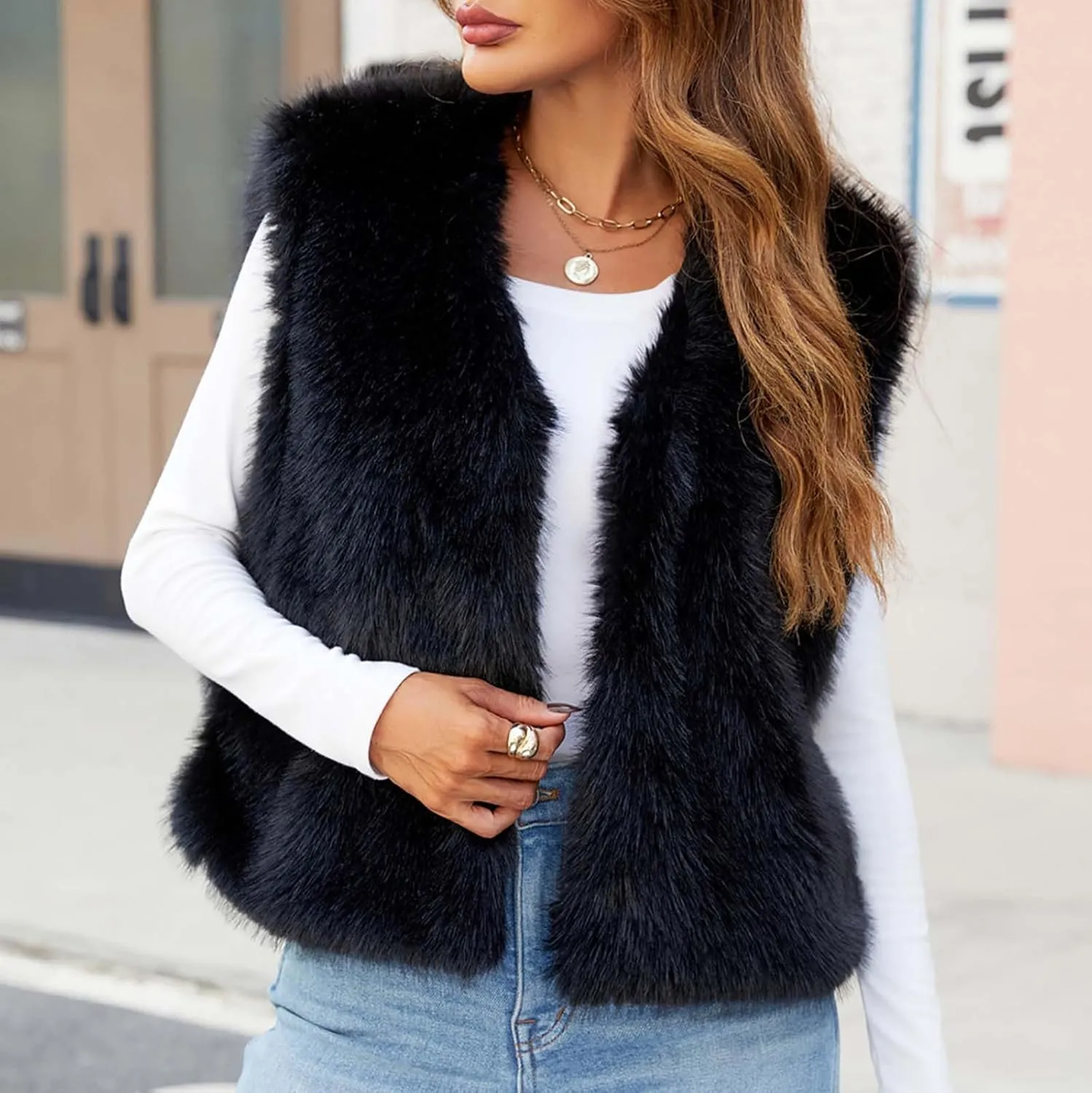 Binmer Faux Fur Vest Jacket for Women Sleeveless Open Front Winter Warm Waistcoat Fluffy Fuzzy Coat Soft Short Outerwear