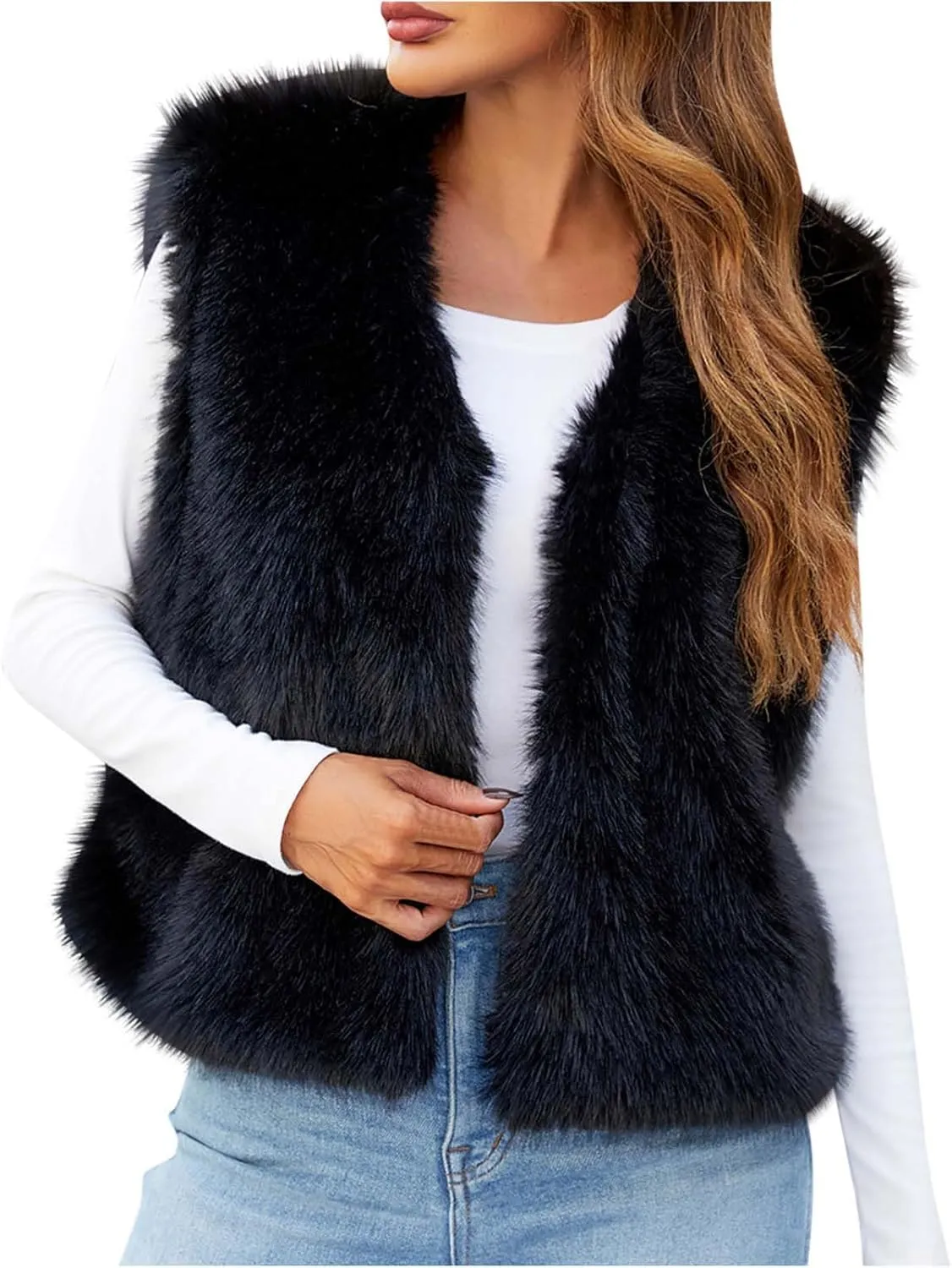 Binmer Faux Fur Vest Jacket for Women Sleeveless Open Front Winter Warm Waistcoat Fluffy Fuzzy Coat Soft Short Outerwear