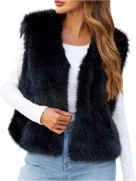 Binmer Faux Fur Vest Jacket for Women Sleeveless Open Front Winter Warm Waistcoat Fluffy Fuzzy Coat Soft Short Outerwear