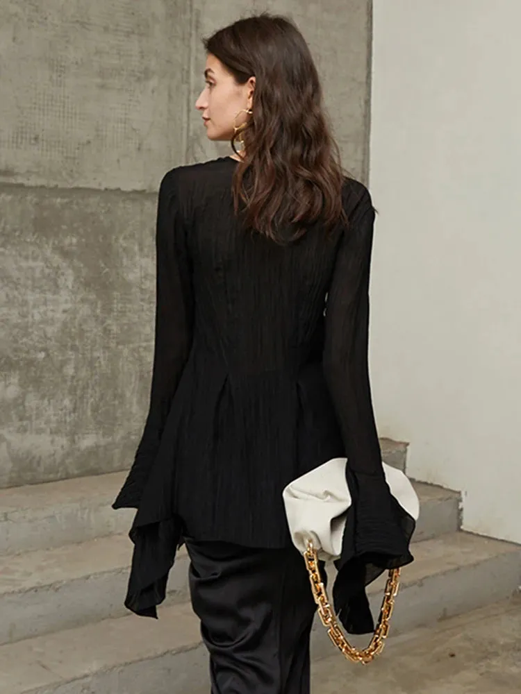 Black Sexy Shirt Female V Neck Flare Sleeve Slim Solid Patchwork Mesh Hem Elegant Blouses Fashion Women Blouses