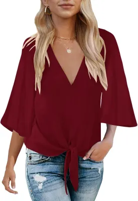 Bluetime Womens Summer Tops Boho 3/4 Sleeve V Neck Tie Front Shirts Casual Floral Blouses