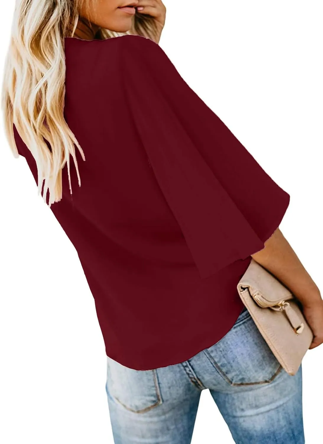 Bluetime Womens Summer Tops Boho 3/4 Sleeve V Neck Tie Front Shirts Casual Floral Blouses