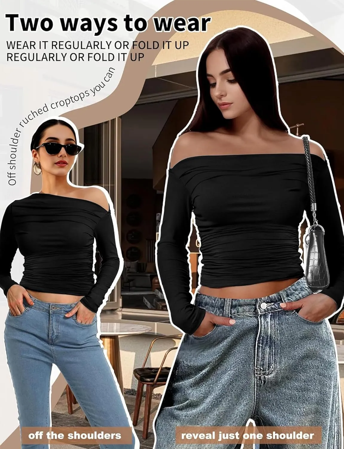 Buauty Womens Off Shoulder Tops Long Sleeve Crop Tops Casual Boat Neck Going Out Blouses One Shoulder Y2K Tight Shirts 2025