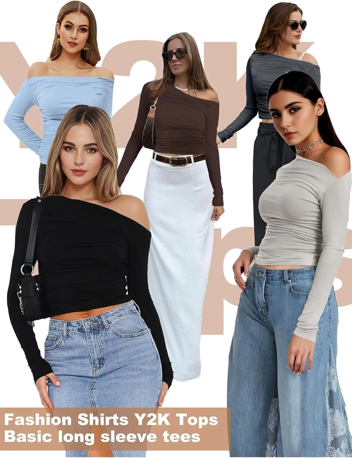 Buauty Womens Off Shoulder Tops Long Sleeve Crop Tops Casual Boat Neck Going Out Blouses One Shoulder Y2K Tight Shirts 2025