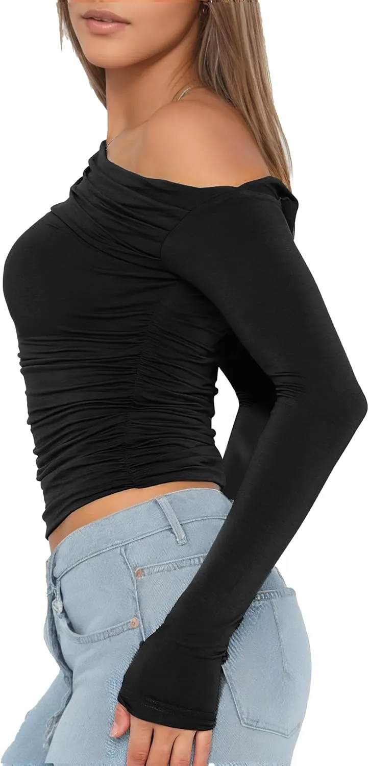 Buauty Womens Off Shoulder Tops Long Sleeve Crop Tops Casual Boat Neck Going Out Blouses One Shoulder Y2K Tight Shirts 2025