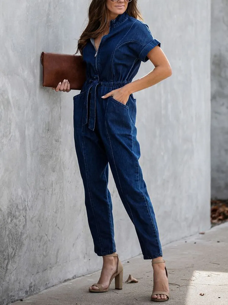 Casual Short Sleeve Pocket Jumpsuit