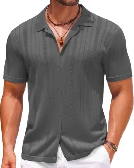 COOFANDY Mens Knit Button Down Shirts Crochet Polo Shirts Vintage Short Sleeve Textured Shirts Summer Beach Tops