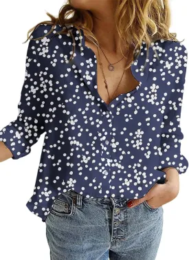 Dokotoo Women's Casual V Neck Alicia Floral Print Roll Up Long Sleeve Chiffon Button Down Blouses Bohemian Top Shirts
