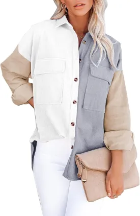 Dokotoo Womens Corduroy Button Down Shirts Boyfriend Long Sleeve Oversized Blouses Tops