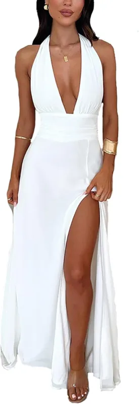 Ekaliy Womens Sexy Halter Deep V Neck Maxi Dress Sleeveless Backless Split Long Dress