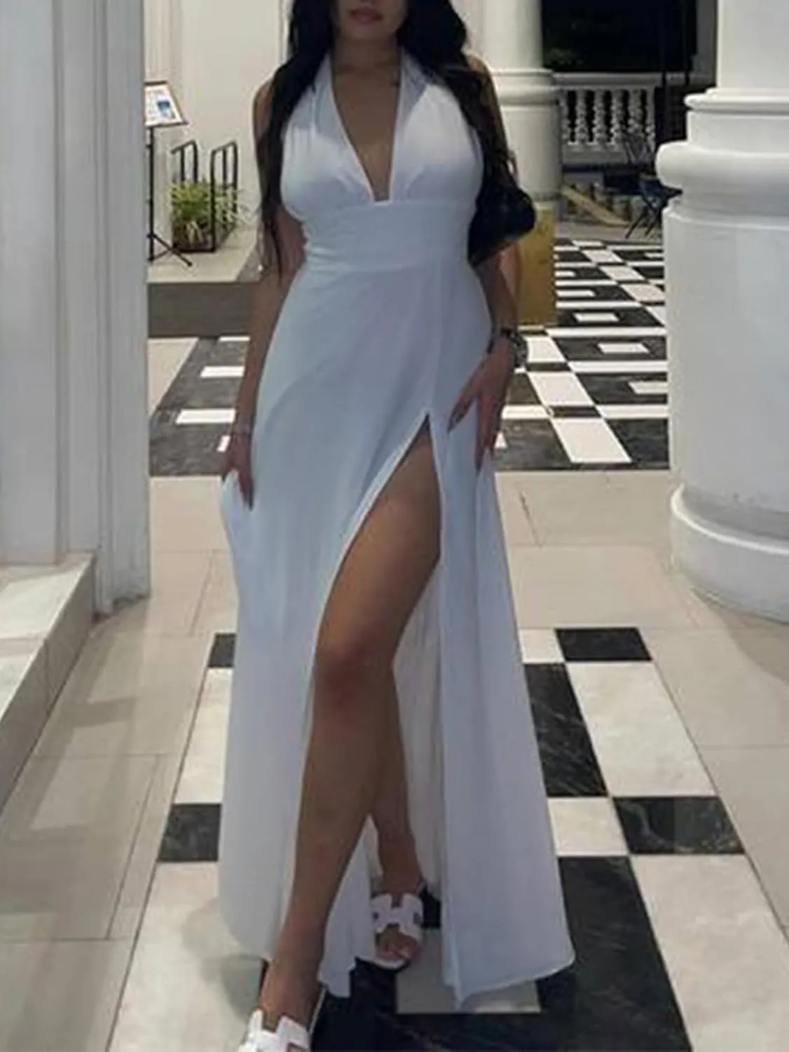 Ekaliy Womens Sexy Halter Deep V Neck Maxi Dress Sleeveless Backless Split Long Dress