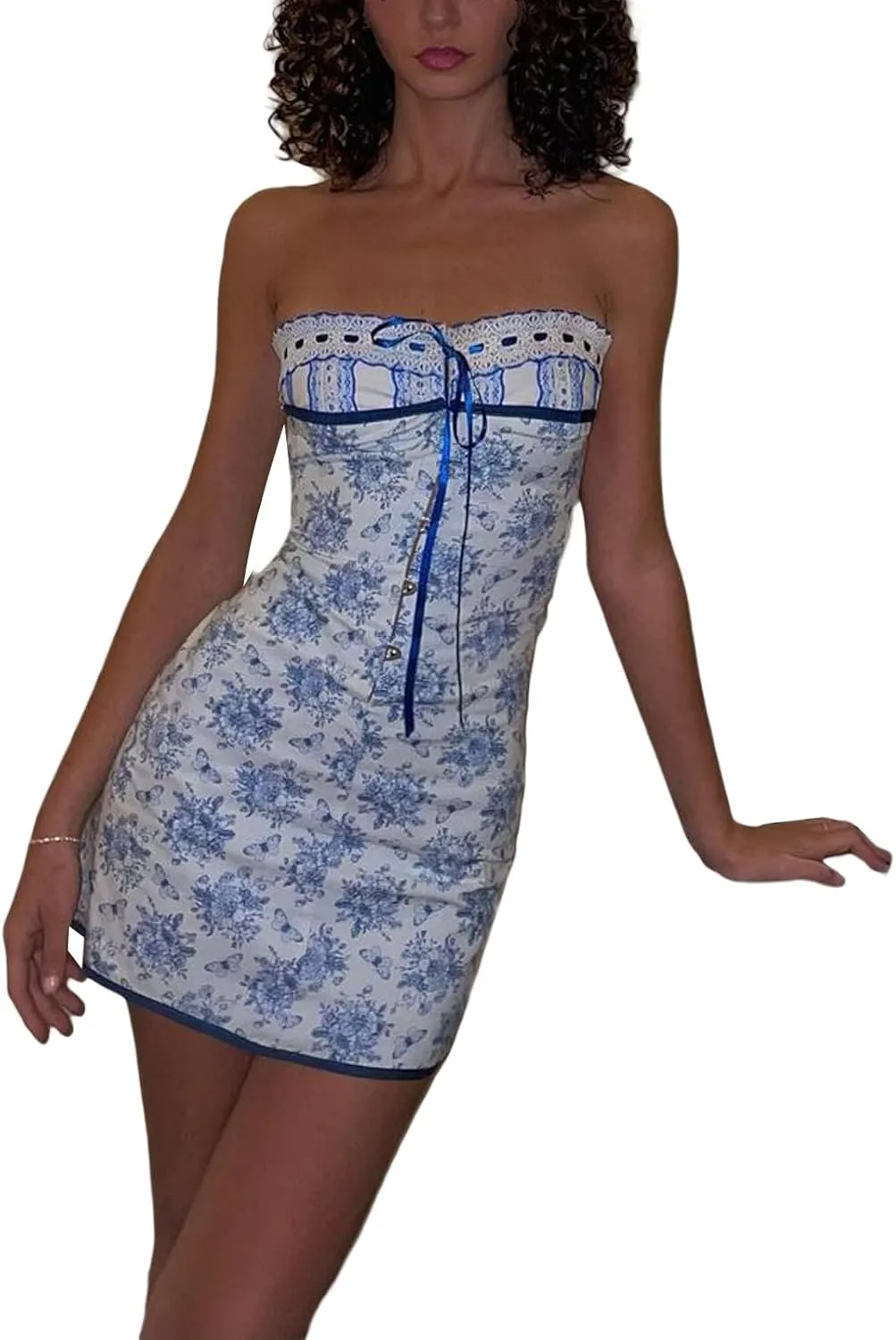 Fanvereka Summer Sexy Floral Tube Dress Y2K Strapless Bodycon Mini Dress Short Bandeau Dress for Teen Girl Shoping Beach Club