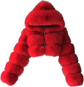 hlysgo Winter Crop Coats Womens Faux Fur Jacket Long Sleeve Hooded Cropped Jackets Zipper Fuzzy Short Coat Outerwear