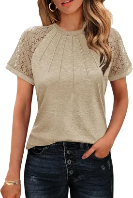 HOTOUCH Womens Lace Short/Long Sleeve Tops Dressy Casual Blouses Pleated Work Dressy Shirts Holiday Outfits S-3XL