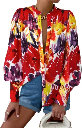KIRUNDO Boho Tops for Women Blouses Dressy Casual Long Sleeve Floral Button Down Shirts 2025 Summer Spring Date Outfits