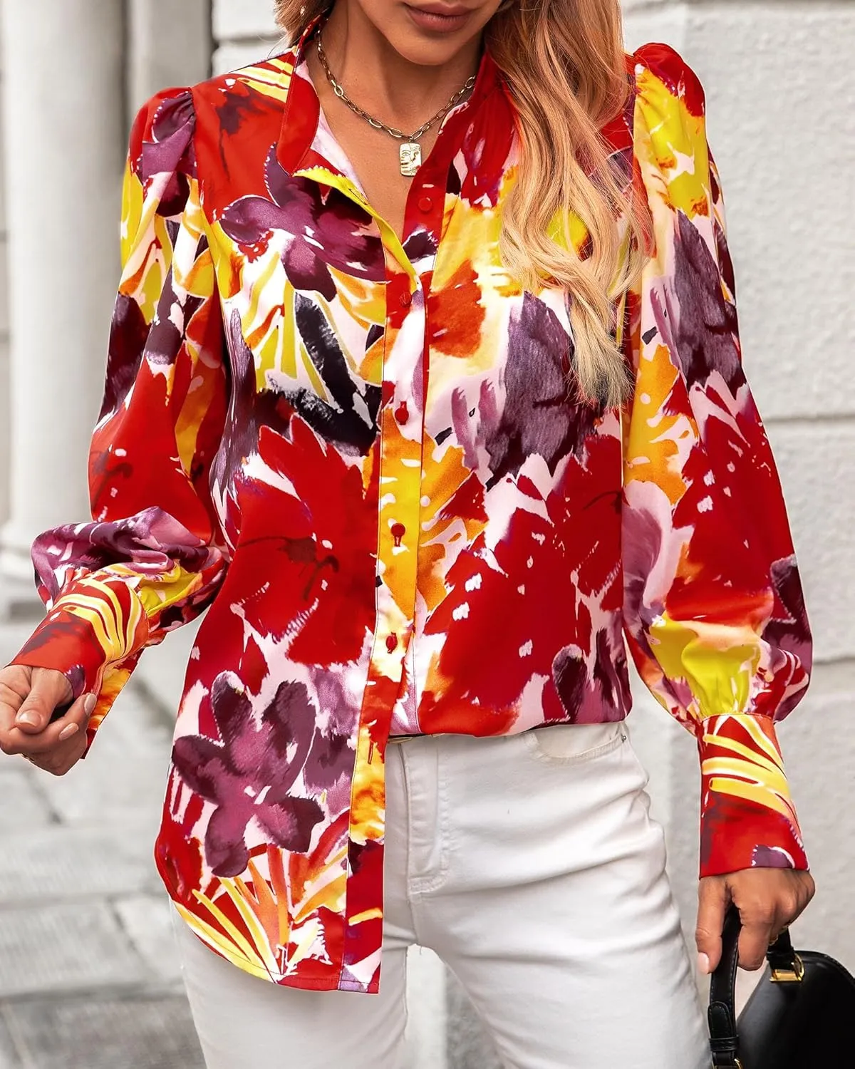 KIRUNDO Boho Tops for Women Blouses Dressy Casual Long Sleeve Floral Button Down Shirts 2025 Summer Spring Date Outfits
