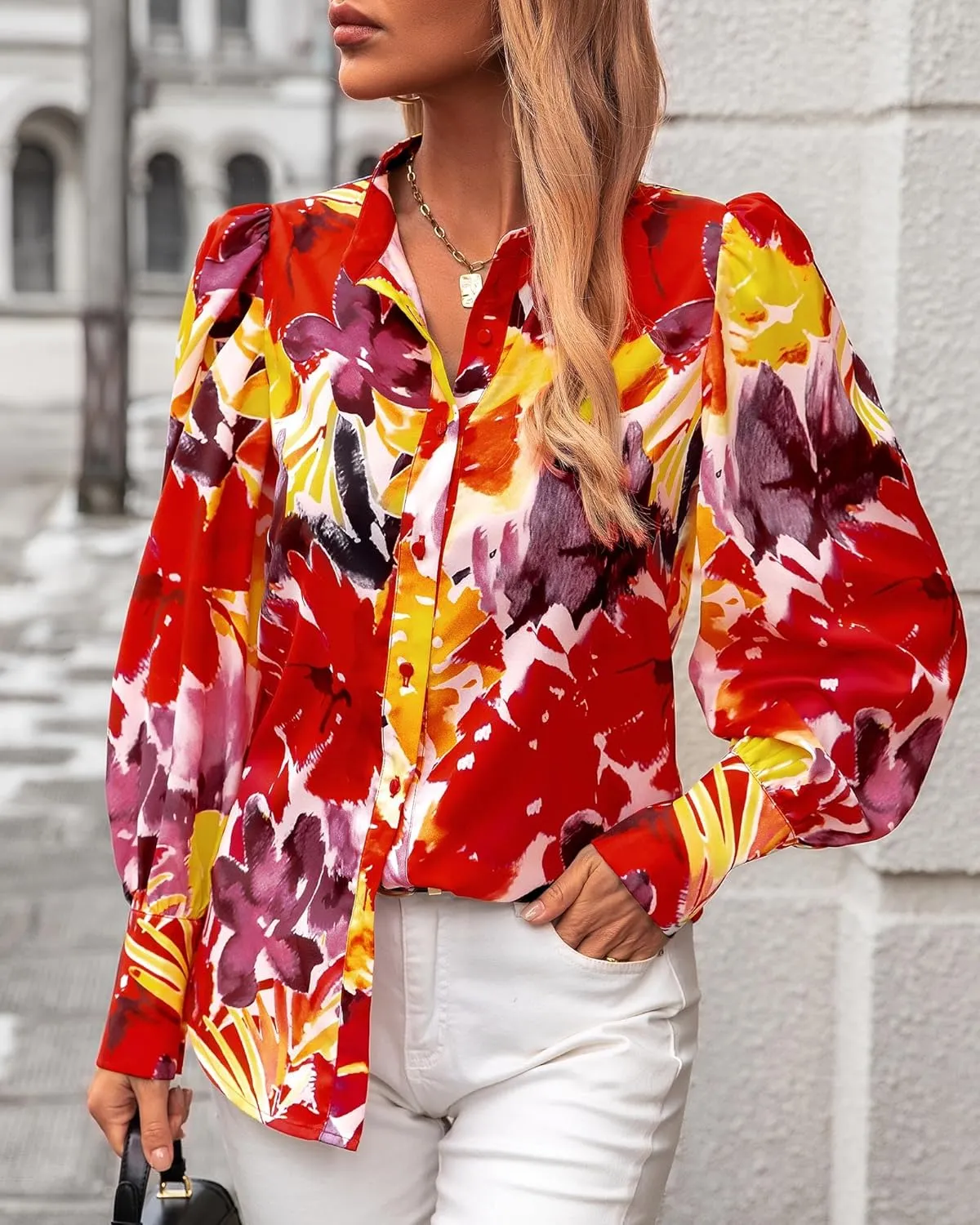 KIRUNDO Boho Tops for Women Blouses Dressy Casual Long Sleeve Floral Button Down Shirts 2025 Summer Spring Date Outfits
