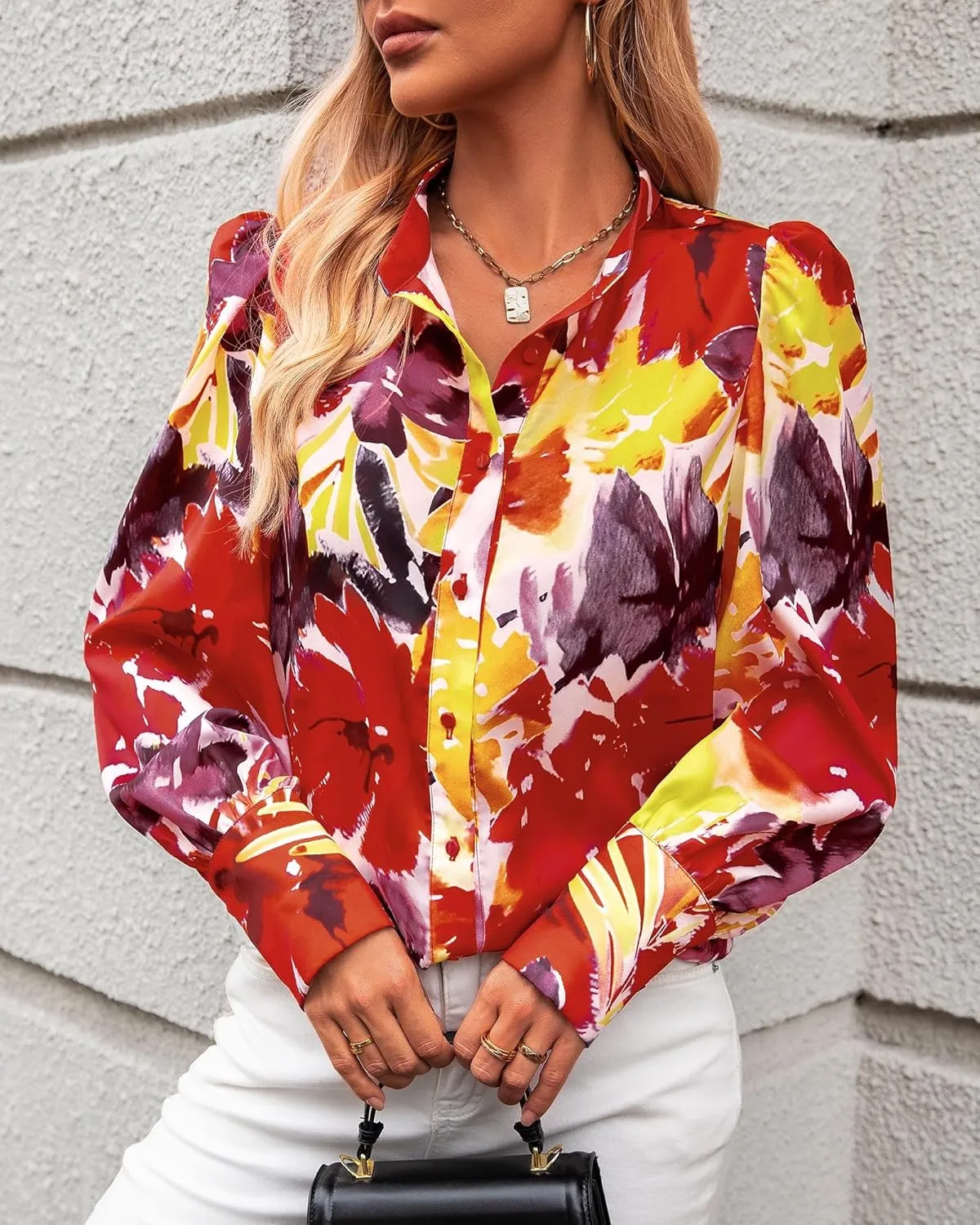 KIRUNDO Boho Tops for Women Blouses Dressy Casual Long Sleeve Floral Button Down Shirts 2025 Summer Spring Date Outfits