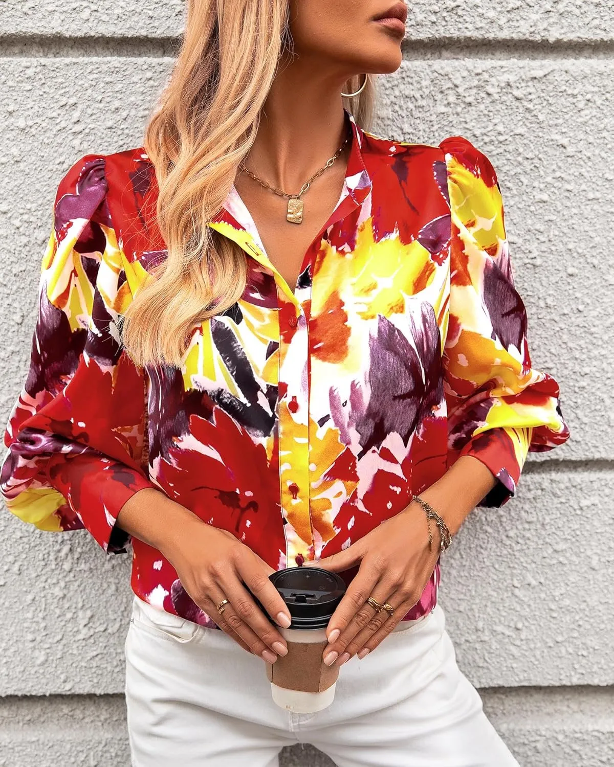 KIRUNDO Boho Tops for Women Blouses Dressy Casual Long Sleeve Floral Button Down Shirts 2025 Summer Spring Date Outfits