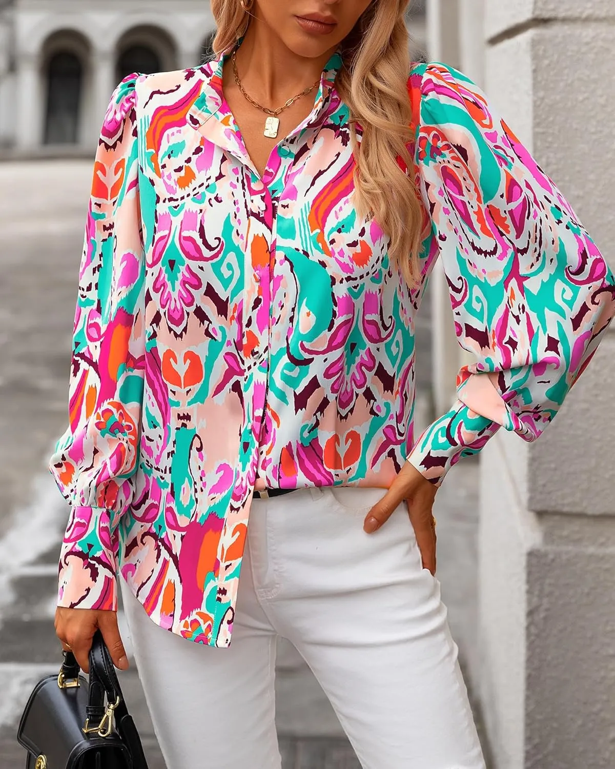 KIRUNDO Boho Tops for Women Blouses Dressy Casual Long Sleeve Floral Button Down Shirts 2025 Summer Spring Date Outfits