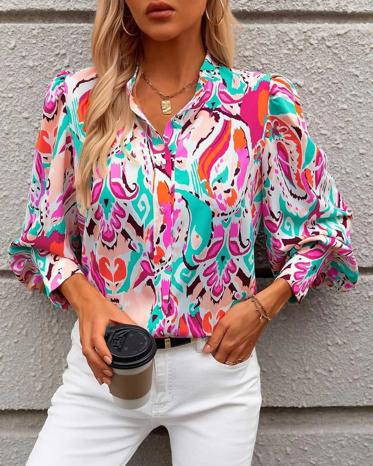 KIRUNDO Boho Tops for Women Blouses Dressy Casual Long Sleeve Floral Button Down Shirts 2025 Summer Spring Date Outfits