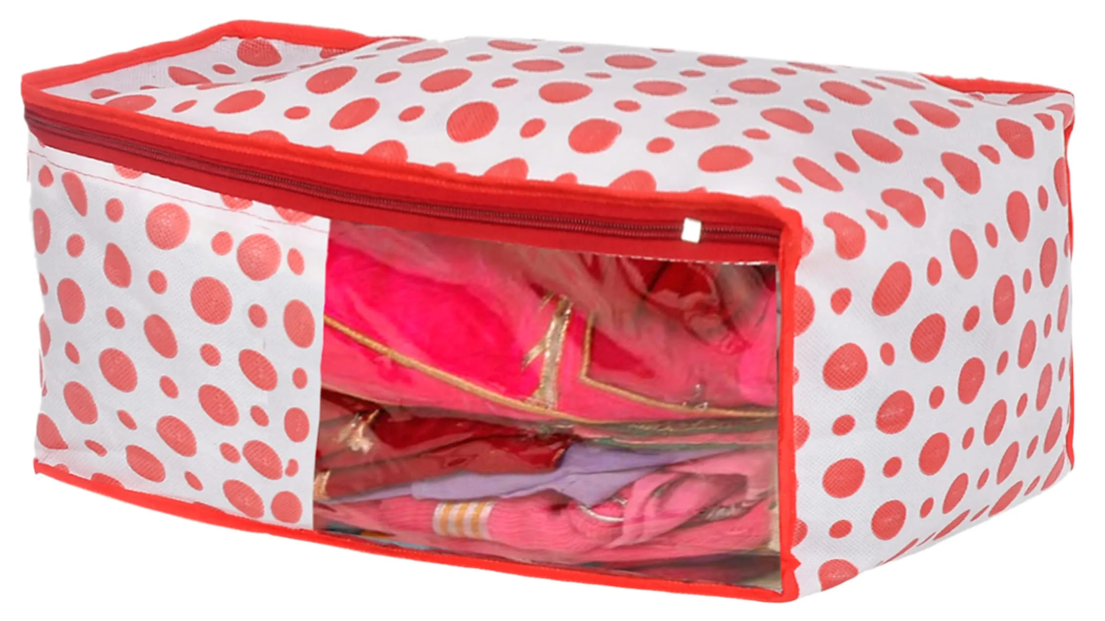 Kuber Industries Dot Printed Foldable, Lightweight Non-Woven Blouse Cover/Organizer With Tranasparent Window- Pack of 3-46KM0297, Pink