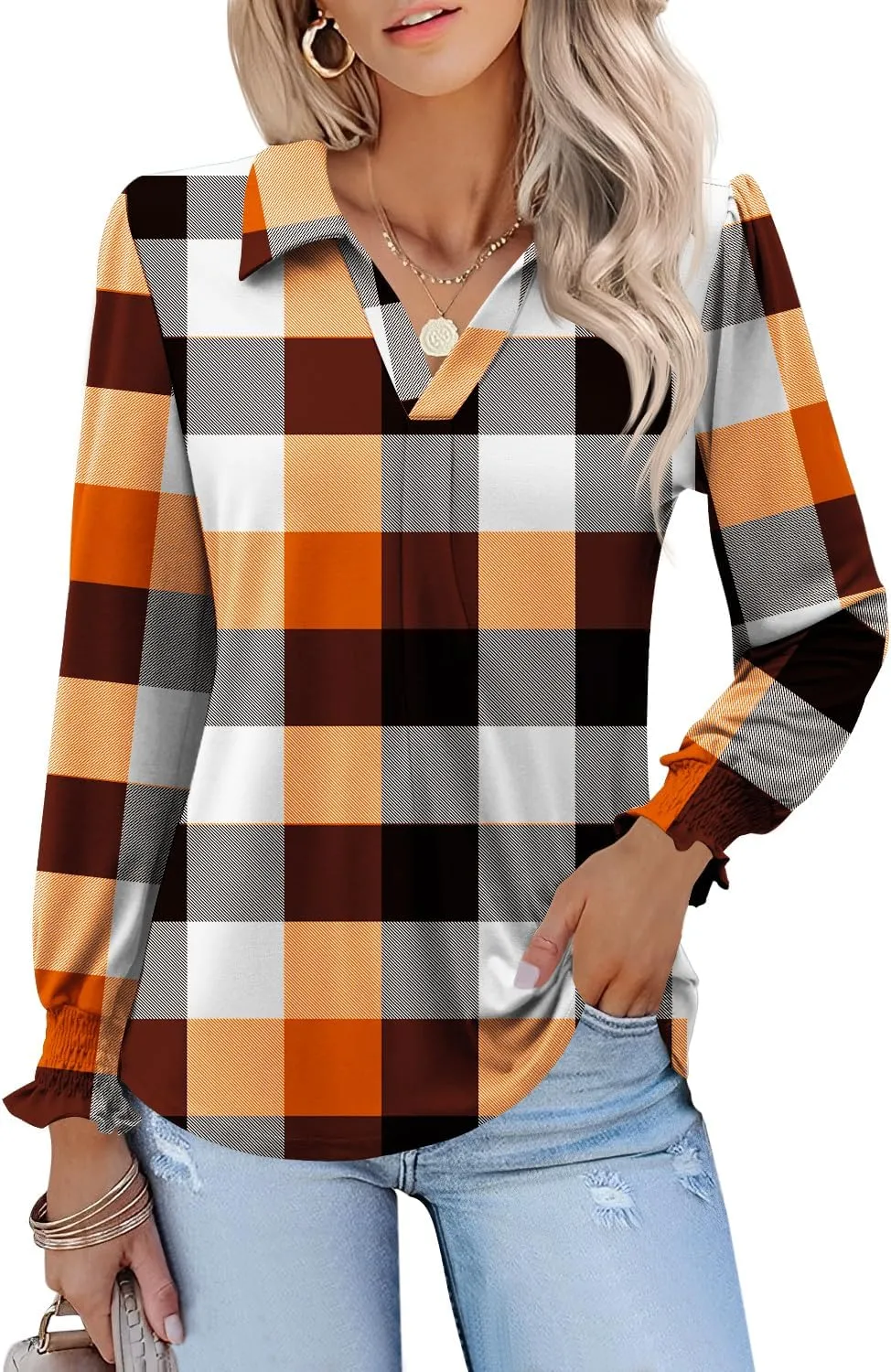 LUYAA Blouses for Women Dressy Casual Long Sleeve Loose Fit Tunic Tops V-Neck Collared Fall Shirts S-XXXL
