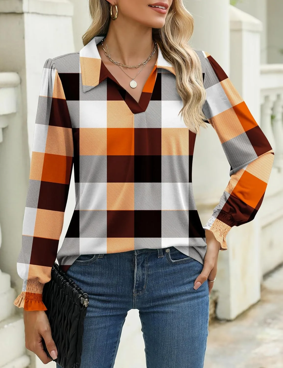LUYAA Blouses for Women Dressy Casual Long Sleeve Loose Fit Tunic Tops V-Neck Collared Fall Shirts S-XXXL