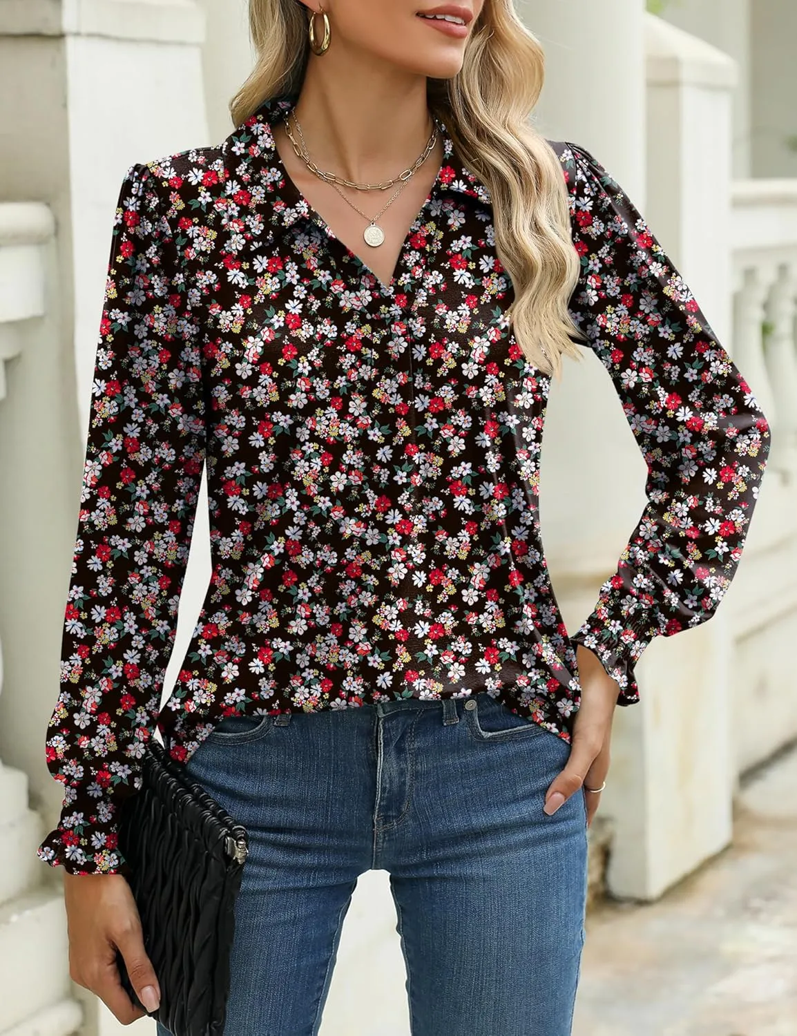 LUYAA Blouses for Women Dressy Casual Long Sleeve Loose Fit Tunic Tops V-Neck Collared Fall Shirts S-XXXL